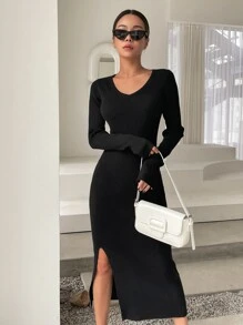 DAZY Vestido De Suéter De Punto Acanalado Con Abertura En El Muslo - Negro - Ver 5