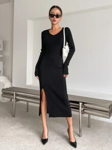 DAZY Vestido De Suéter De Punto Acanalado Con Abertura En El Muslo - Negro - Ver 6