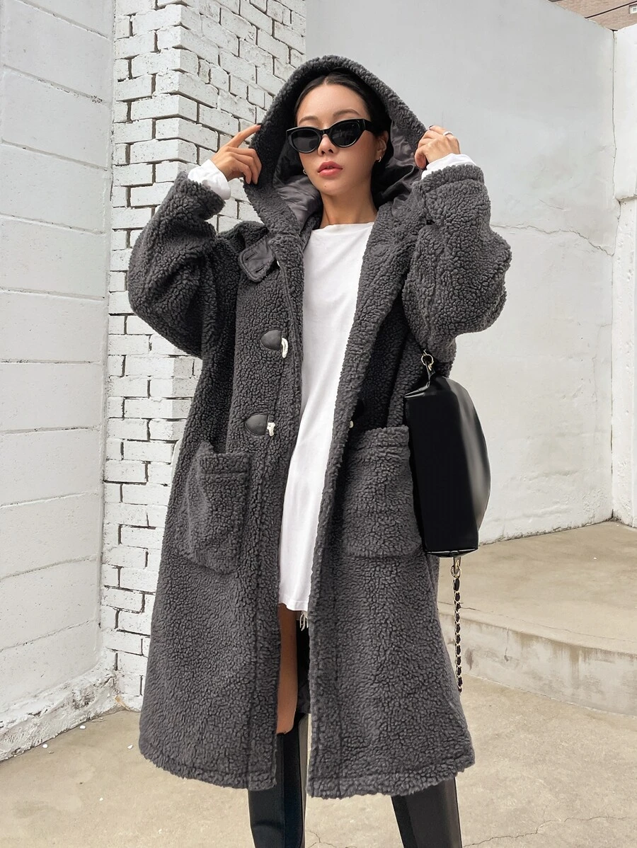 DAZY Drop Shoulder Hooded Teddy Duffle Coat ,Winter Women Clothes,Winter Coat Women - Dark Grey - View 1