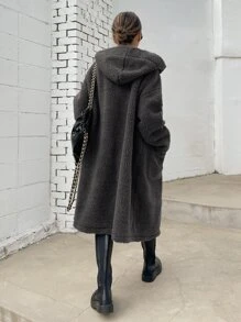 DAZY Drop Shoulder Hooded Teddy Duffle Coat ,Winter Women Clothes,Winter Coat Women - Dark Grey - View 2