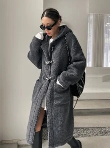 DAZY Drop Shoulder Hooded Teddy Duffle Coat ,Winter Women Clothes,Winter Coat Women - Dark Grey - View 3