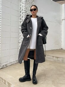 DAZY Drop Shoulder Hooded Teddy Duffle Coat ,Winter Women Clothes,Winter Coat Women - Dark Grey - View 4