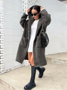 DAZY Drop Shoulder Hooded Teddy Duffle Coat ,Winter Women Clothes,Winter Coat Women - Dark Grey - View 5