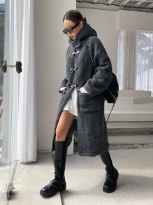 DAZY Drop Shoulder Hooded Teddy Duffle Coat ,Winter Women Clothes,Winter Coat Women - Dark Grey - View 6