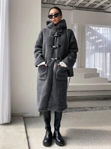 DAZY Drop Shoulder Hooded Teddy Duffle Coat ,Winter Women Clothes,Winter Coat Women - Dark Grey - View 7