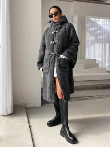 DAZY Drop Shoulder Hooded Teddy Duffle Coat ,Winter Women Clothes,Winter Coat Women - Dark Grey - View 8