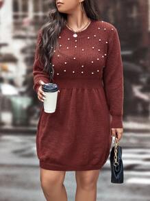 SHEIN LUNE Plus Pearl Beaded Jumper Dress - Burgundy - View 1