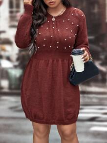 SHEIN LUNE Plus Pearl Beaded Jumper Dress - Burgundy - View 3