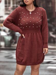 SHEIN LUNE Plus Pearl Beaded Jumper Dress - Burgundy - View 4