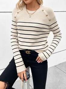 SHEIN Frenchy 條紋圖案鈕扣細節垂肩毛衣，休閒風格 - 米色 - 查看 3