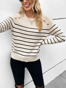 SHEIN Frenchy 條紋圖案鈕扣細節垂肩毛衣，休閒風格 - 米色 - 查看 4