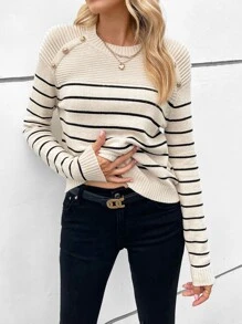 SHEIN Frenchy 條紋圖案鈕扣細節垂肩毛衣，休閒風格 - 米色 - 查看 5