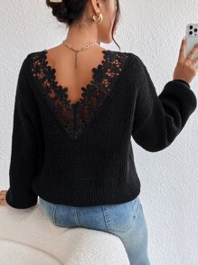 SHEIN Frenchy Guipure Lace Panel Drop Shoulder Jumper - Black - View 1