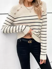SHEIN Frenchy 條紋圖案鈕扣細節垂肩毛衣，休閒風格 - 米色 - 查看 6