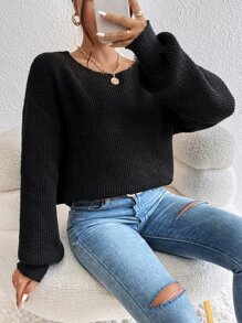 SHEIN Frenchy Guipure Lace Panel Drop Shoulder Jumper - Black - View 2