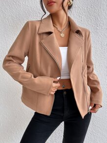 SHEIN Frenchy Lapel Neck Zip Up Biker Jacket - Khaki - View 1