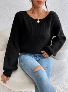 SHEIN Frenchy Guipure Lace Panel Drop Shoulder Jumper - Black - View 4