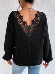 SHEIN Frenchy Guipure Lace Panel Drop Shoulder Jumper - Black - View 5