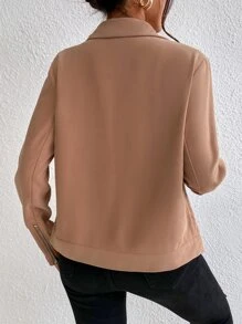 SHEIN Frenchy Lapel Neck Zip Up Biker Jacket - Khaki - View 2