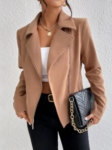 SHEIN Frenchy Lapel Neck Zip Up Biker Jacket - Khaki - View 3