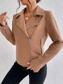 SHEIN Frenchy Lapel Neck Zip Up Biker Jacket - Khaki - View 4