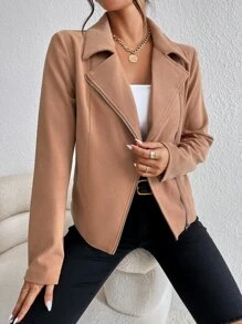 SHEIN Frenchy Lapel Neck Zip Up Biker Jacket - Khaki - View 6