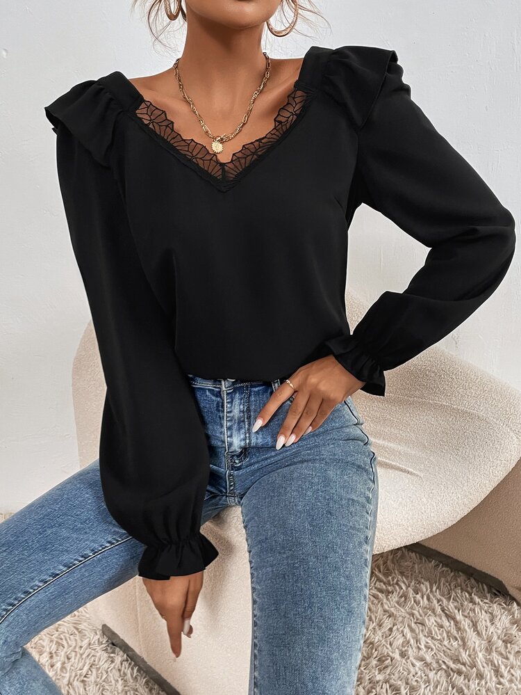 SHEIN Frenchy Contrast Lace Ruffle Trim Blouse - Black - View 7