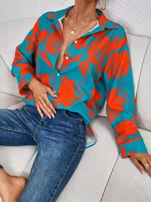 SHEIN Clasi Áo sơ mi nữ Nút phía trước Hoa Giải trí - Màu xanh ngọc - Xem 1