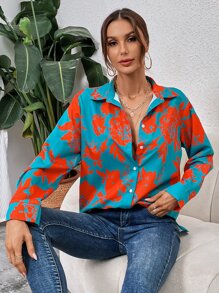 SHEIN Clasi Áo sơ mi nữ Nút phía trước Hoa Giải trí - Màu xanh ngọc - Xem 3