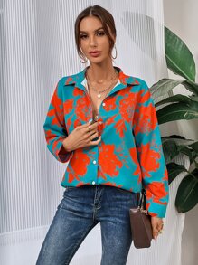 SHEIN Clasi Áo sơ mi nữ Nút phía trước Hoa Giải trí - Màu xanh ngọc - Xem 4