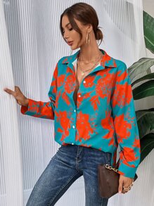 SHEIN Clasi Áo sơ mi nữ Nút phía trước Hoa Giải trí - Màu xanh ngọc - Xem 5