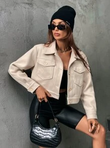 SHEIN Unity 翻蓋口袋單排釦花呢外套 - 杏色 - 查看 1