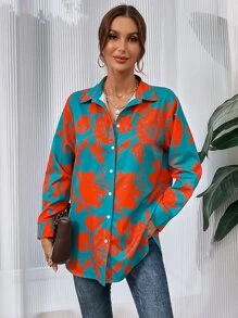 SHEIN Clasi Áo sơ mi nữ Nút phía trước Hoa Giải trí - Màu xanh ngọc - Xem 6