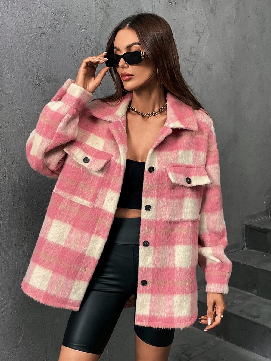 SHEIN EZwear Buffalo Plaid Flap Pocket Drop Shoulder Coat - Multicolor - View 1