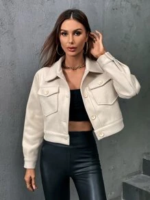 SHEIN Unity 翻蓋口袋單排釦花呢外套 - 杏色 - 查看 3