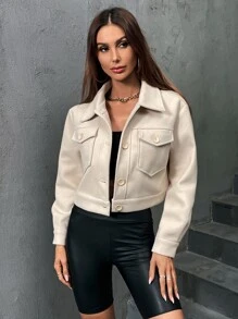 SHEIN Unity 翻蓋口袋單排釦花呢外套 - 杏色 - 查看 5