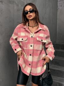 SHEIN EZwear Buffalo Plaid Flap Pocket Drop Shoulder Coat - Multicolor - View 6