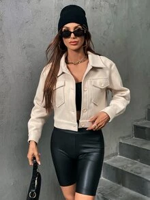 SHEIN Unity 翻蓋口袋單排釦花呢外套 - 杏色 - 查看 6