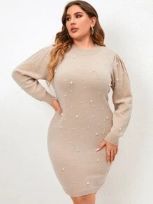 Modelyn Plus Pearls Beaded Detail Jumper Dress - Apricot - View 1