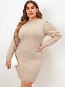 Modelyn Plus Pearls Beaded Detail Jumper Dress - Apricot - View 4