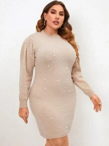 Modelyn Plus Pearls Beaded Detail Jumper Dress - Apricot - View 6