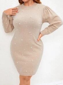 Modelyn Plus Pearls Beaded Detail Jumper Dress - Apricot - View 3