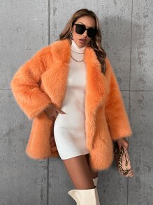 SHEIN Privé Abrigo de cuello con solapa con parte delantera abierta de peluche - Naranja - Ver 1