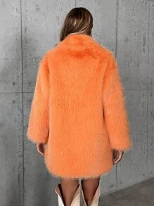 SHEIN Privé Abrigo de cuello con solapa con parte delantera abierta de peluche - Naranja - Ver 2
