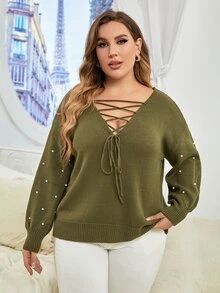 Plus Lace Up Pearls Beaded Drop Shoulder Jumper - Army Green - View 5