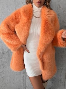 SHEIN Privé Abrigo de cuello con solapa con parte delantera abierta de peluche - Naranja - Ver 5