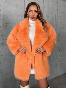 SHEIN Privé Abrigo de cuello con solapa con parte delantera abierta de peluche - Naranja - Ver 6