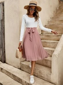 SHEIN Clasi Vestido con cinturón de dos tonos bajo fruncido - Multicolor - Ver 1