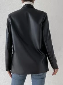 Firerie Shawl Collar Single Button PU Blazerwinter,Business Casual, Elegant,Black, PU - Black - View 2