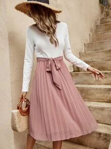 SHEIN Clasi Vestido con cinturón de dos tonos bajo fruncido - Multicolor - Ver 4